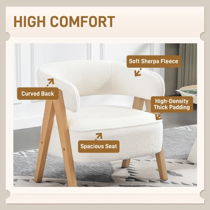 HOMCOM Sherpa Fleece Accent Chair, Upholstered Armchair with Solid Wood Legs and Steel Frame for Living Room, White