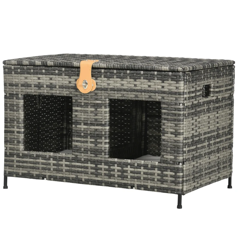 PawHut Rattan Cat Bed with Removable Divider, Double-Room Wicker Cat Bed for Indoor Cats, Pet Furniture for 2 Cats, Cushions, Outdoor Indoor Use, Gray