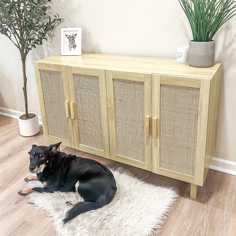 HOMCOM Boho Kitchen Cabinet, Buffet Cabinet with 4 Rattan Doors and Adjustable Shelves for Dining Room, Natural