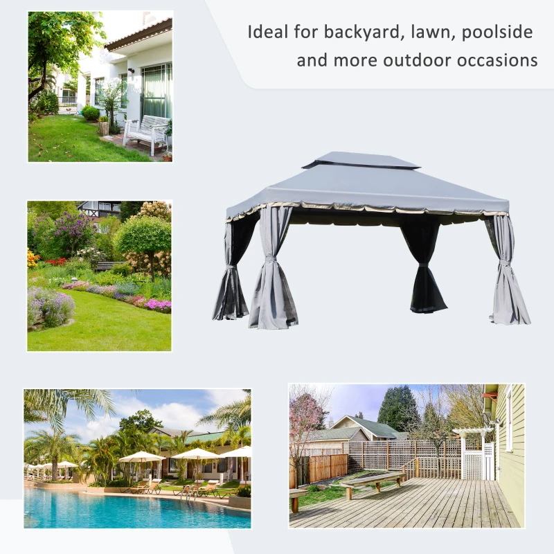 Outsunny 13' x 10' Patio Gazebo Canopy with 2-Tier Polyester Roof, Vented Mesh Sidewall & Strong Aluminum Frame, Grey