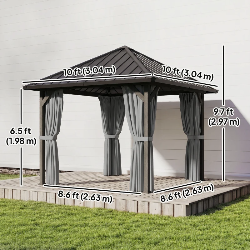Outsunny 10' x 10' Hardtop Gazebo with Galvanized Steel Roof, Permanent Garden Gazebo with Netting and Curtains