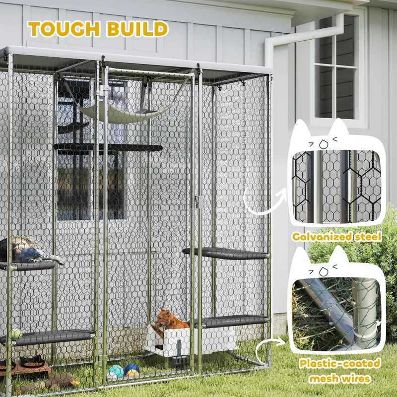 PawHut Catio Outdoor Cat Enclosure, Galvanized Steel Walk-in Cat Cage with Waterproof Cover, 5 Adjustable Platforms, Hammock