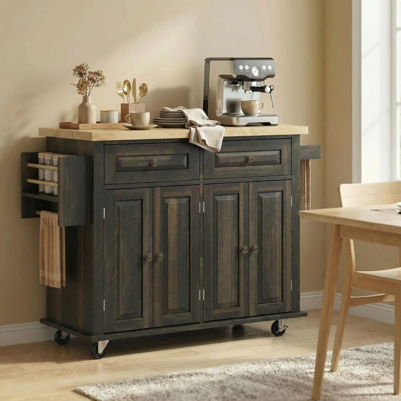 HOMCOM 44" Mobile Kitchen Island Table, Kitchen Island Cart on Wheels with Storage Cabinets, 2 Drawers, Brown