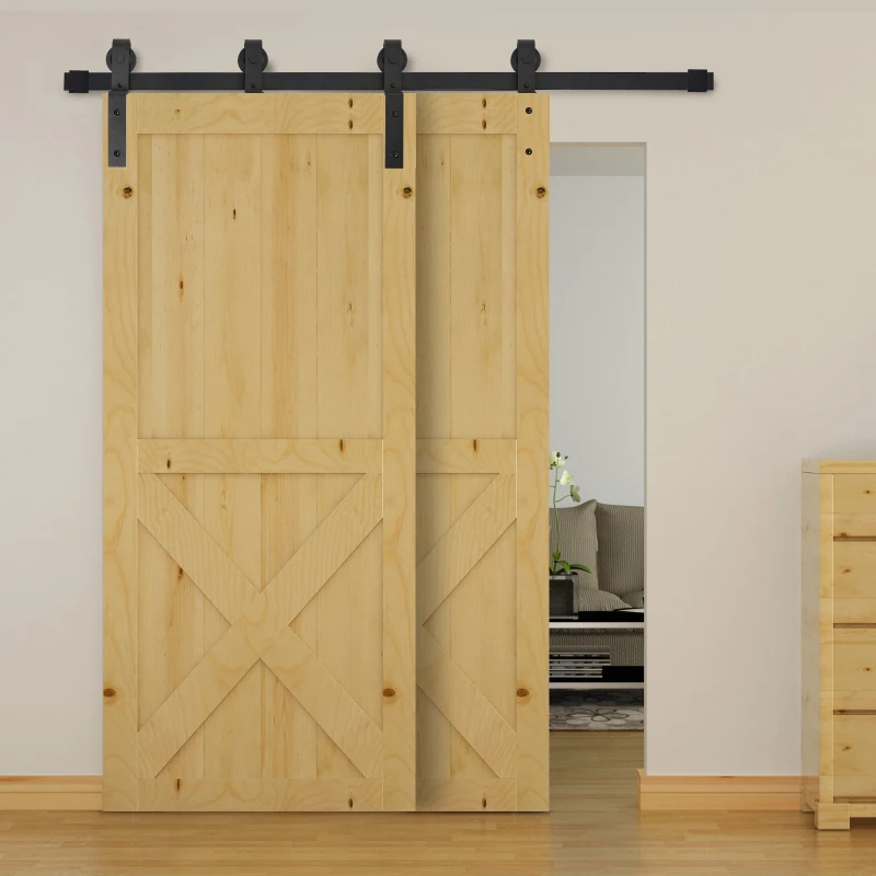 HOMCOM 6.6FT Carbon Steel Sliding Barn Door Kits Hardware Closet Set Track System for Double Wooden Door Roller
