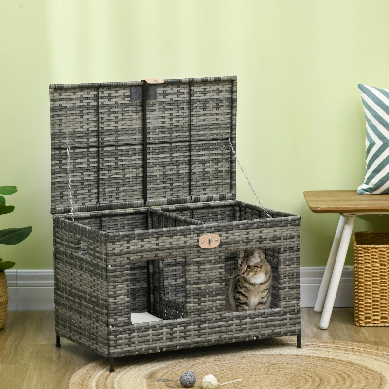 PawHut Rattan Cat Bed with Removable Divider, Double-Room Wicker Cat Bed for Indoor Cats, Pet Furniture for 2 Cats, Cushions, Outdoor Indoor Use, Gray