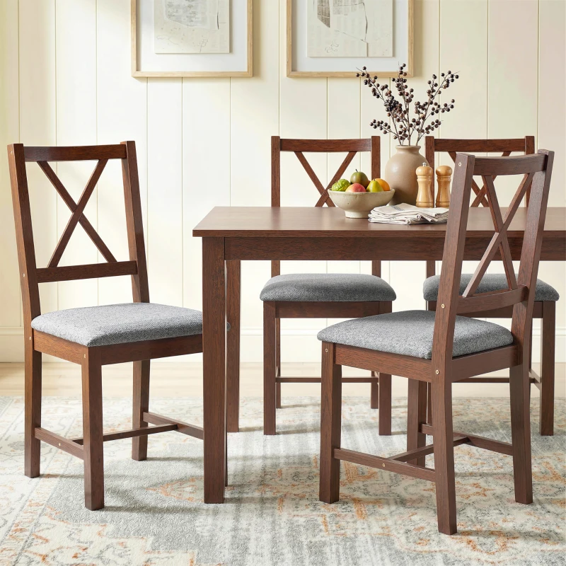 HOMCOM Set of 4 Dining Chairs, Upholstered X-Back Dining Room Chairs with Rubberwood Legs and Padded Seat for Kitchen, Walnut