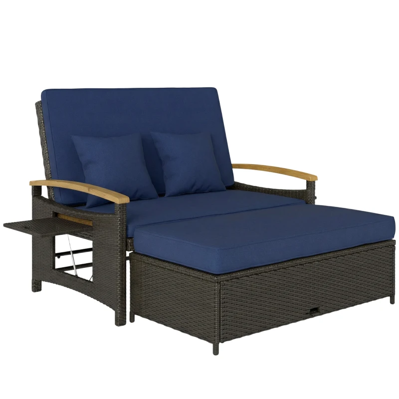 Outsunny Rattan Outdoor Daybed w/4-Level Adjustable Backrest, Patio Sofa Bed w/Storage Ottoman, Acacia Wood Armrest, Navy Blue