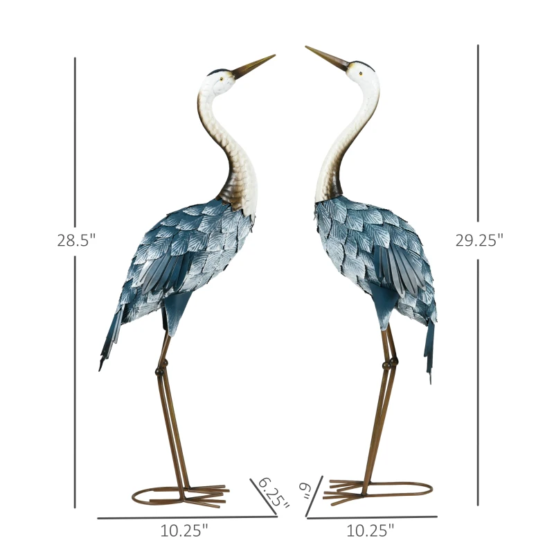 Outsunny Crane Garden Statues, 28.5" & 29" Standing Bird Sculptures, Metal Yard Art Decor, Landscape Decoration Set of 2, Blue