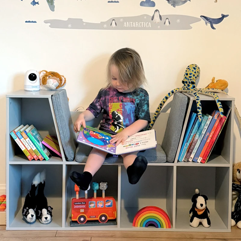 HOMCOM 6-Cubby Kids Bookcase with Reading Nook and Cushion, Multi-Purpose Storage Organizer for Bedroom, Living Room, Grey