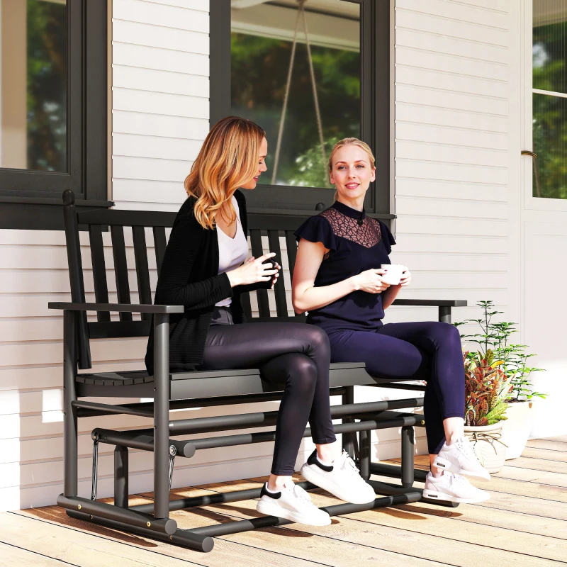 Outsunny Wooden Patio Glider Bench, Wood Log Outdoor Loveseat with High Back and Armrests, Heavy Duty 550lbs Capacity, 2-Seat, Black