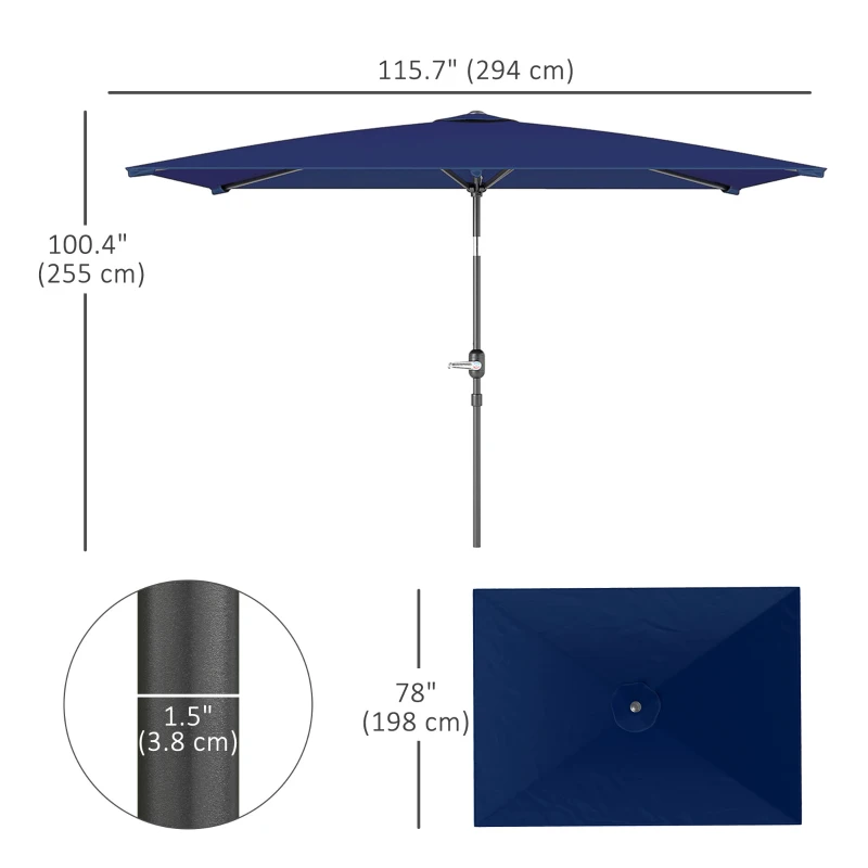 Outsunny 6.5x9.6ft Rectangle Aluminum Tilt Patio Umbrella, Garden Market Parasol, Outdoor Sunshade Canopy with Crank, Navy Blue