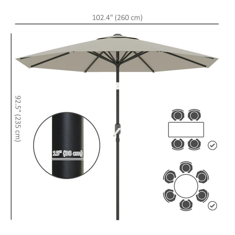 Outsunny Aluminum Patio Umbrella, Garden Outdoor Parasol, Sun Shelter, 8.5ft, Light Grey