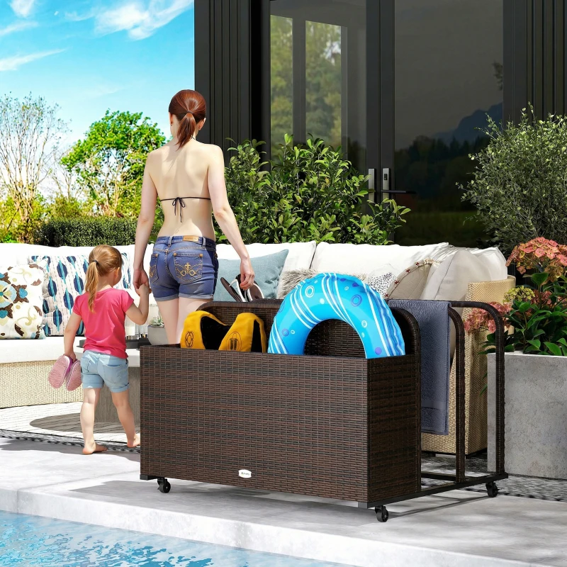 Outsunny PE Rattan Pool Float Storage Organizer with Wheels, Mixed Brown