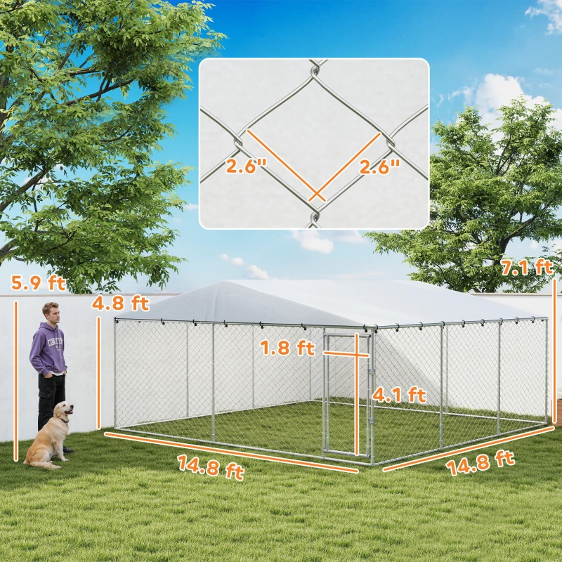 PawHut 15' x 15' x 7' Dog Kennel Outdoor for Small Medium Large Dogs with Waterproof Roof, Silver