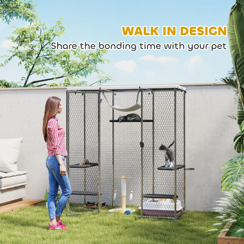 PawHut Catio Outdoor Cat Enclosure, Galvanized Steel Walk-in Cat Cage with Waterproof Cover, 5 Adjustable Platforms, Hammock