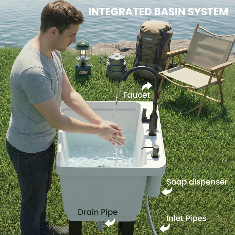 Outsunny Portable 23-Gallon Utility Sink Laundry Tub for Washing Room, Freestanding Laundry Sink with Soap Dispenser, White