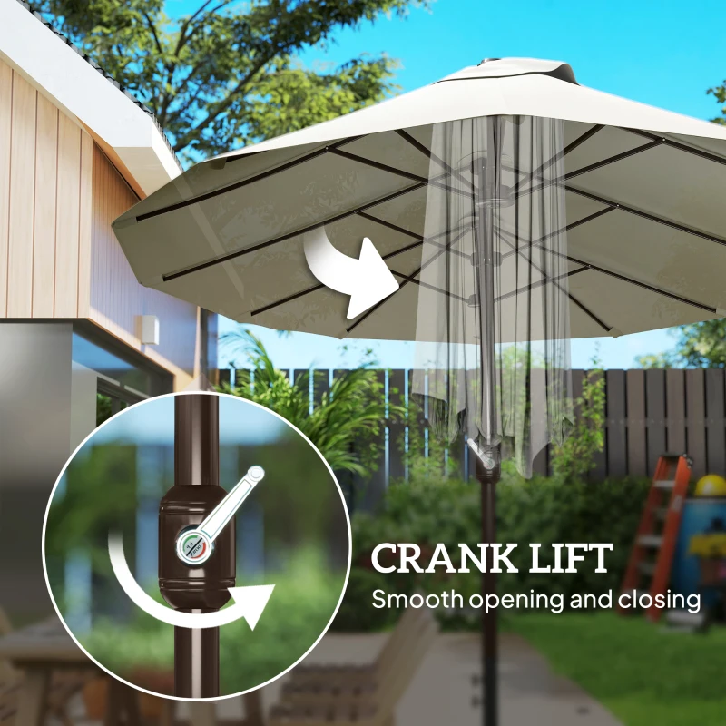 Outsunny 15' Outdoor Patio Umbrella with Twin Canopy Sunshade Steel Table Umbrella w/ Lift Crank, Cross base, Sandbag, Cream