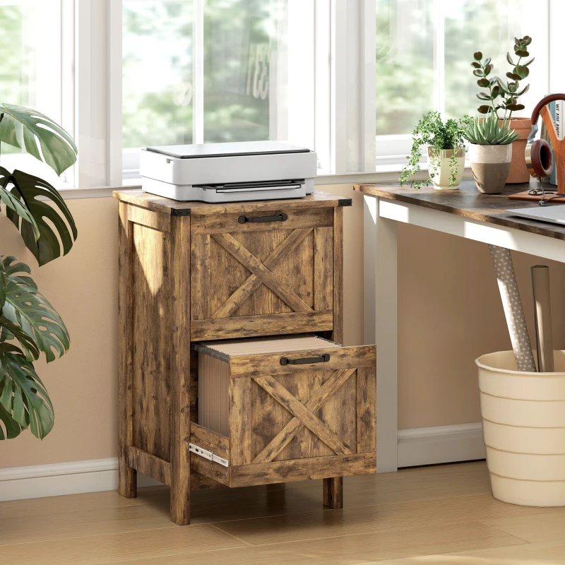 HOMCOM Vertical File Cabinet with 2 Drawers, Rustic Farmhouse Office Storage Cabinet for A4, Letter Size, Rustic Brown