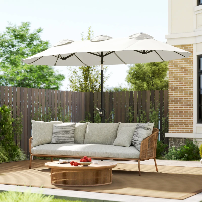 Outsunny Double Sided Patio Umbrella, 9.7' Large Outdoor Market Umbrella with Push Button Tilt and Crank, 3 Air Vents and 12 Ribs, for Garden, Deck, Pool, White(m-2)
