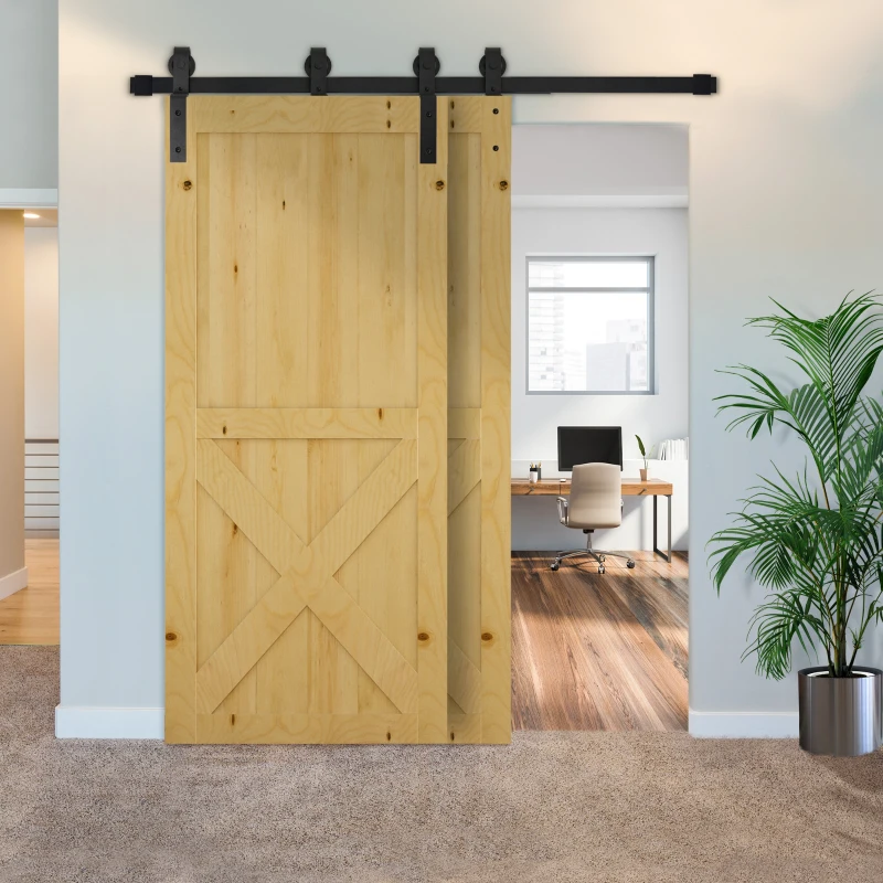 HOMCOM 6.6FT Carbon Steel Sliding Barn Door Kits Hardware Closet Set Track System for Double Wooden Door Roller