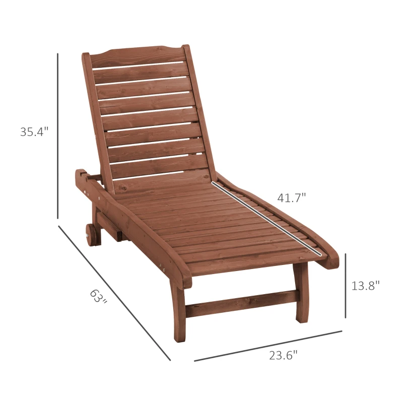 Outsunny Chaise Lounge Chair Outdoor Wooden Pool Lounge Chair with 3-level Adjustable Backrest, Built-In Table and Rolling Wheels, Sun Tanning Chair for Beach Poolside Sunbathing, Brown Red