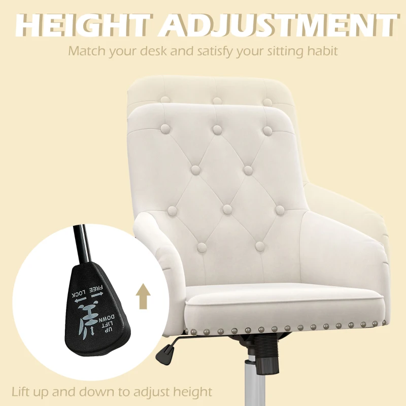 HOMCOM Modern Mid-back Desk Chair with Button Tufted Velvet Back, Nailhead Trim, Swivel Home Office Chair with Adjustable Height, Curved Padded Armrests, White