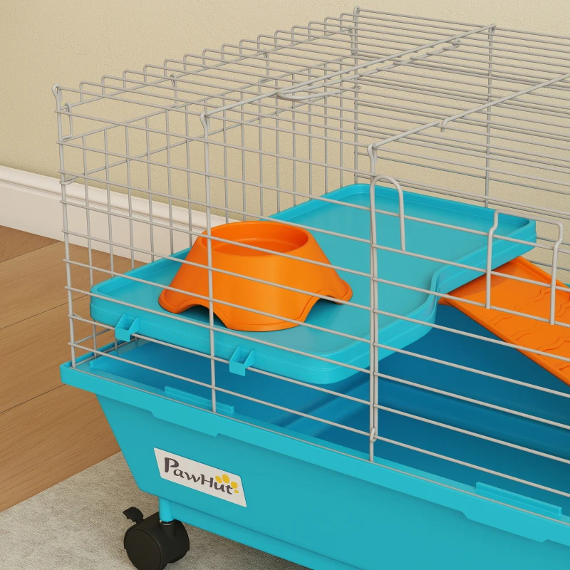PawHut 35"L Small Animal Cage, Rolling Bunny Cage, Guinea Pig Cage with Wheels, Food Dish, Water Bottle, Hay Feeder, Blue