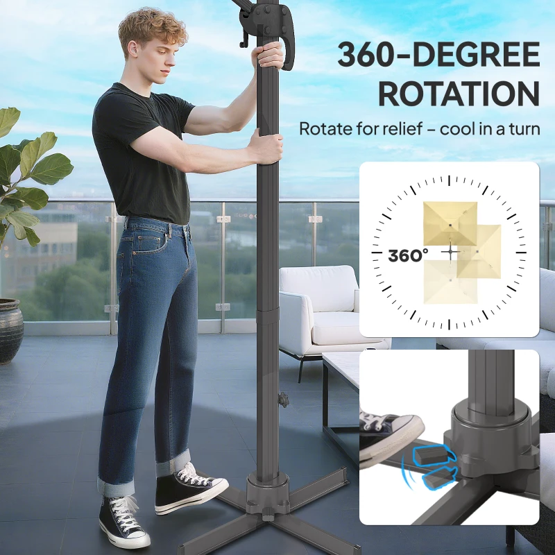 Outsunny 10ft. Solar LED Cantilever Umbrella, Offset Hanging Umbrella with 360°Rotation, Cross Base, 8 Ribs, Tilt and Crank for Yard, Khaki