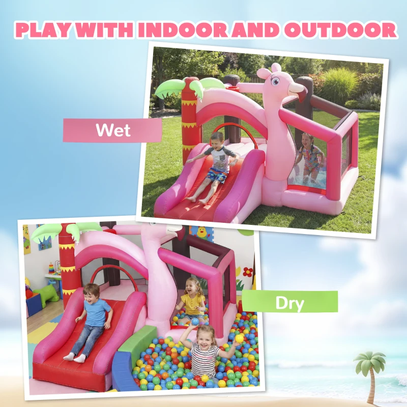 Qaba Inflatable Bounce House with Ball Pool, Basketball Hoop, Jumping Bouncy Castle with Blower for Indoor Outdoor, Pink