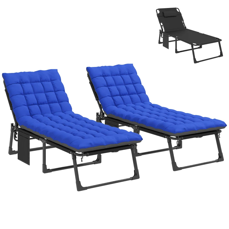 Outsunny Folding Chaise Lounge Chair Outdoor Tanning Chair Set of 2 with 5-Position Backrest, Cushions, Side Pocket, Gray/Blue