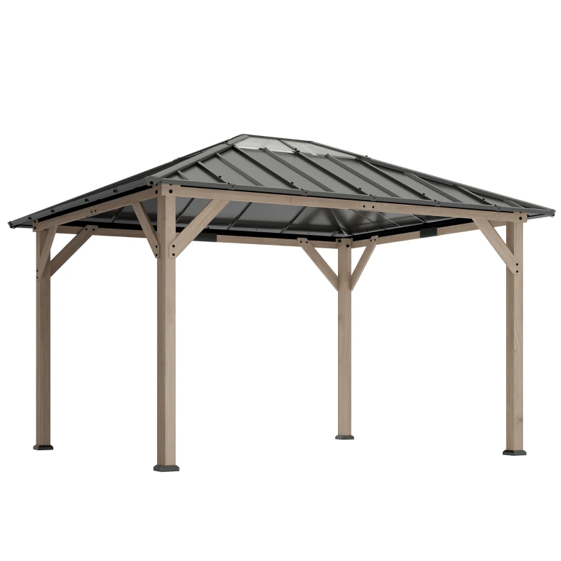 Outsunny 10' x 12' Hardtop Gazebo with Galvanized Steel Roof, UPF50+ Wood Permanent Pavilion with Clear Roof Top, Light Walnut