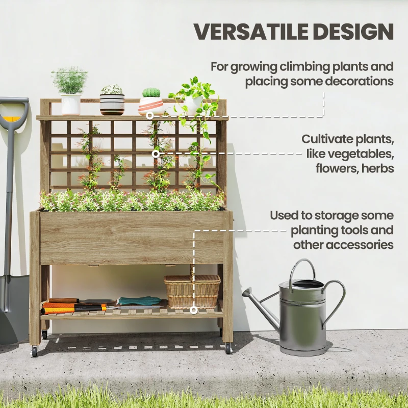 Outsunny 41" Raised Garden Bed Mobile Elevated Wooden Planter Box Stand with Wheels, Trellis and Storage Shelf, Dark Brown