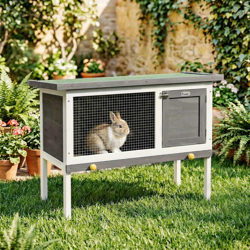 PawHut Wooden Rabbit Hutch, Guinea Pig Hutch with Asphalt Roof, Outdoor Elevated Bunny House for Rabbits, Chinchillas