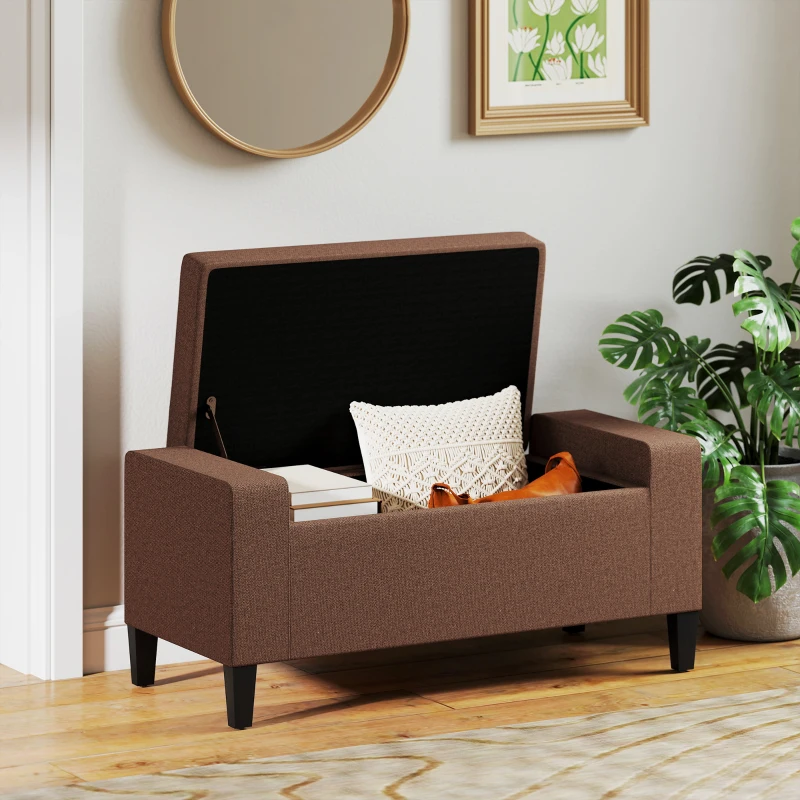 HOMCOM 36" Ottoman with Storage, Storage Ottoman Bench with Lift Top and Rubberwood Legs, Linen Upholstered Entryway Seat with for Living Room, Bedroom, Holds up to 330 lb, Dark Brown