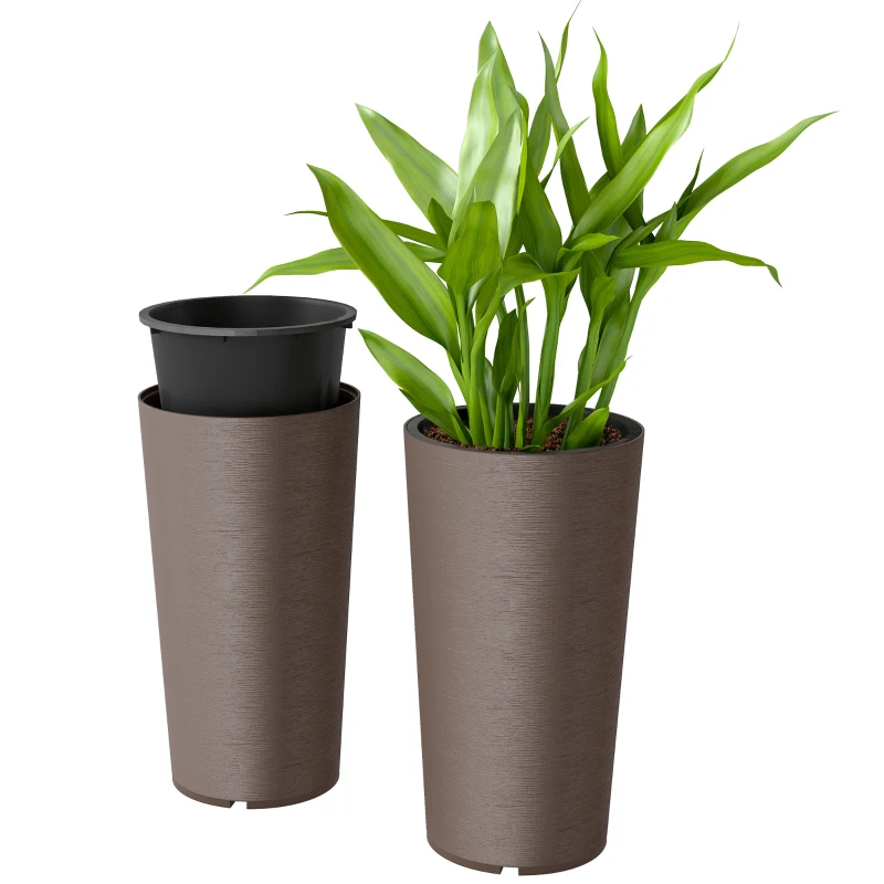Outsunny 29 Inch Outdoor Planter, Set of 2 Plastic Flower Pots, Weather and UV Resistant Stackable Large Planters, Brown