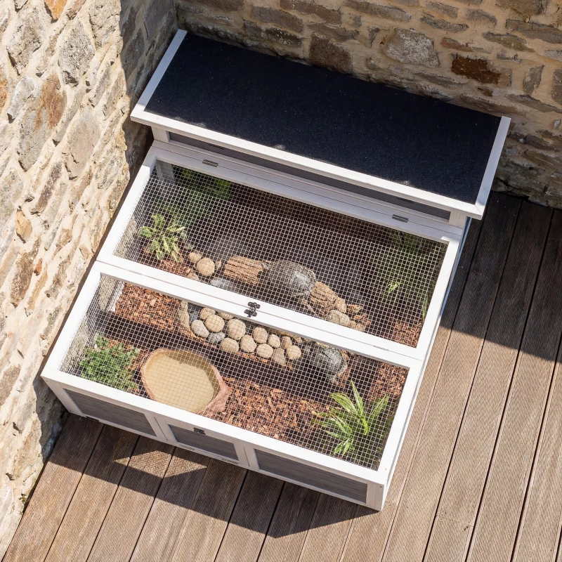 PawHut Tortoise Habitat Openable Top Wooden Tortoise Enclosure Run Area and Clear Window Dark Gray