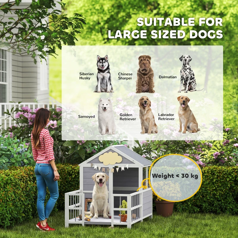 PawHut Outdoor Dog House, 61"L Wooden Dog House with Porch, Weatherproof Roof, Elevated Base, Air Vents & Observation Windows
