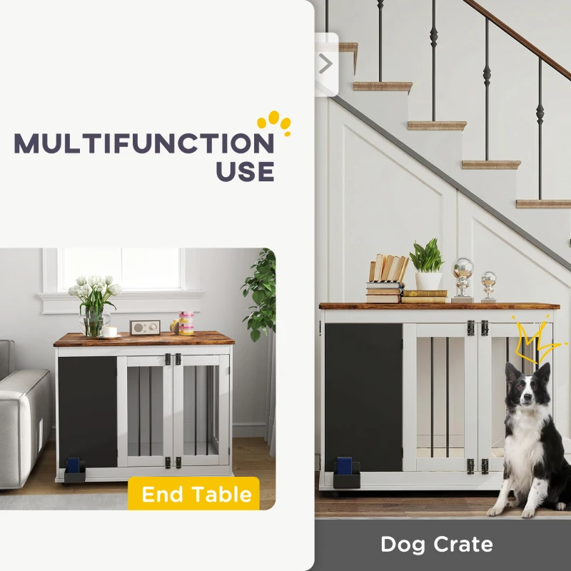 PawHut 39" Dog Crate Furniture Side Table for Large Dogs with Three Doors, Blackboard & Non-Slip Foot Pads, White