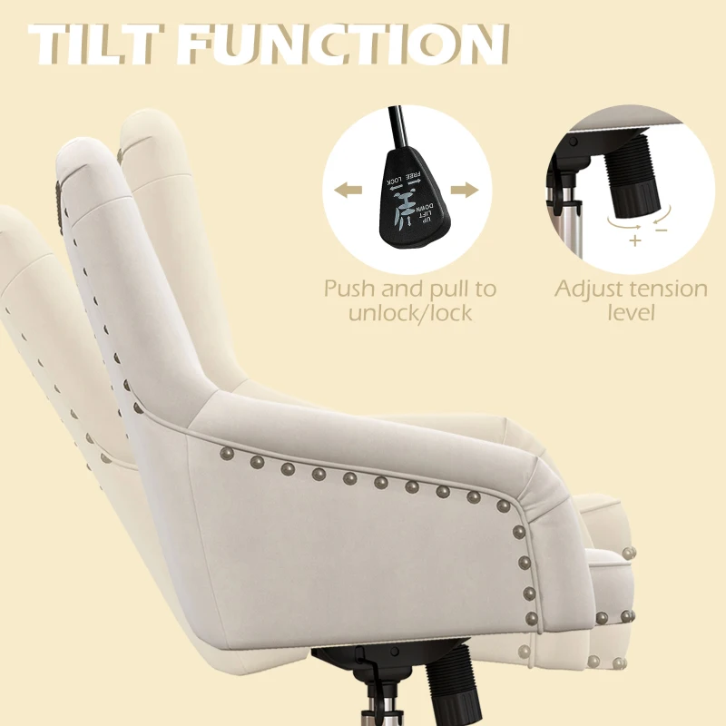 HOMCOM Modern Mid-back Desk Chair with Button Tufted Velvet Back, Nailhead Trim, Swivel Home Office Chair with Adjustable Height, Curved Padded Armrests, White