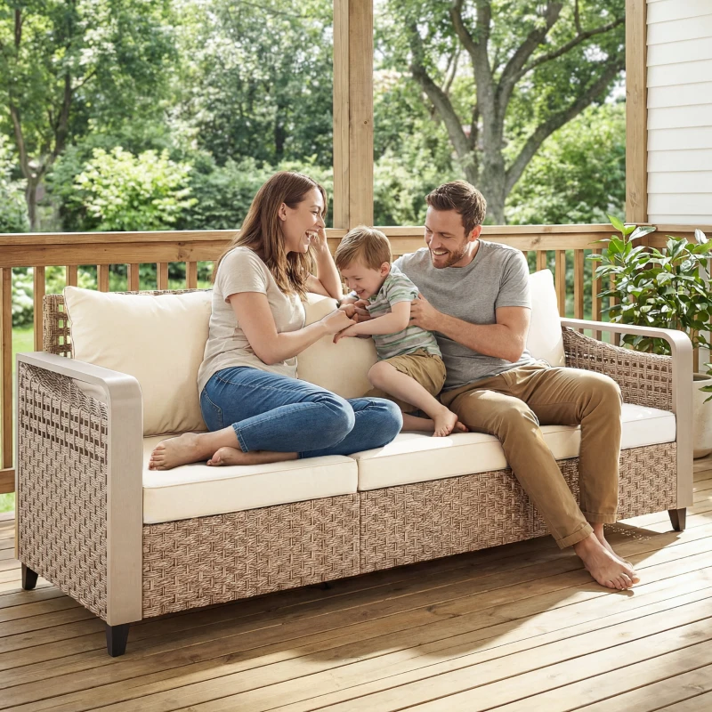 Outsunny Rattan Wicker Sofa 3-Seater Outdoor Patio Sofa with Cushions for Garden Backyard Porch Beige
