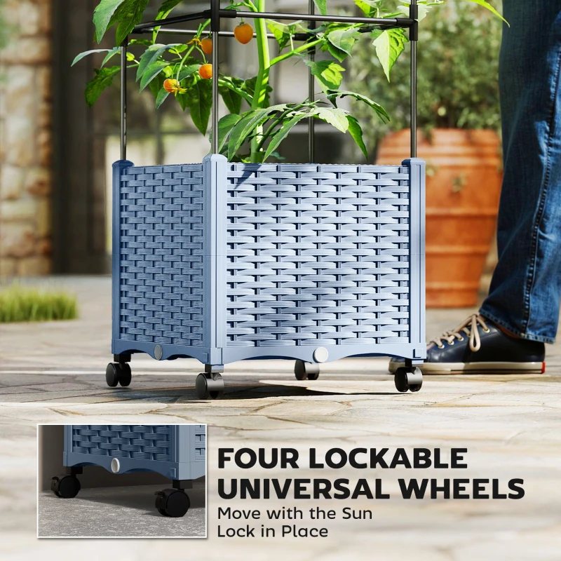 Outsunny Raised Garden Bed with Trellis, Tomato Cage with Lockable Wheels, Self Watering Planter Box with Drainage Holes, Gray