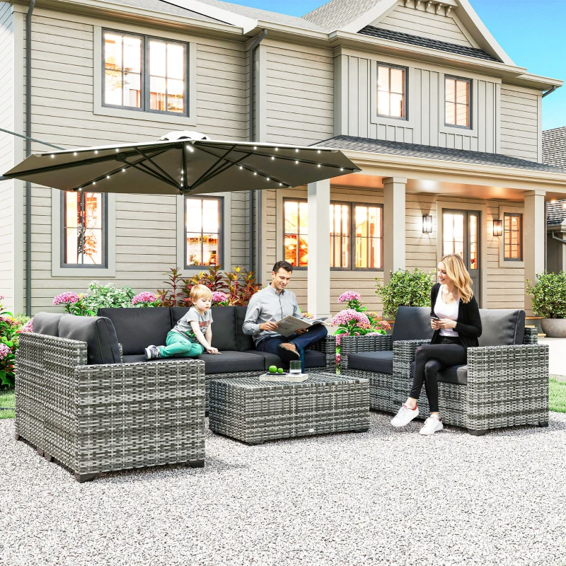 Outsunny Patio Furniture Set, Cushions, Sofa, Loveseat, Storage Table, Gray