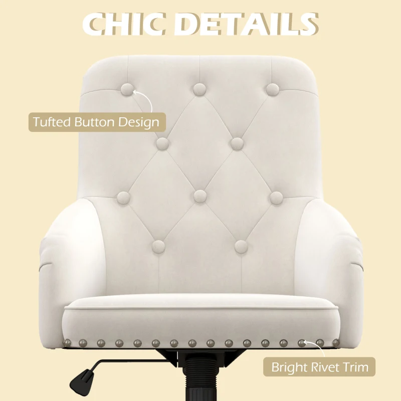 HOMCOM Modern Mid-back Desk Chair with Button Tufted Velvet Back, Nailhead Trim, Swivel Home Office Chair with Adjustable Height, Curved Padded Armrests, White