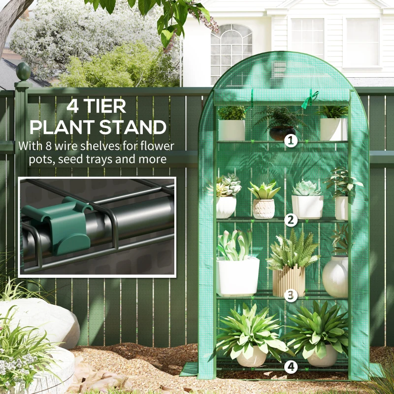 Outsunny Mini Greenhouse, Portable Greenhouse with 4 Tier Shelves, Roll-Up Door, and Plastic Cover, 41.3" x 17.7" x 63", Green