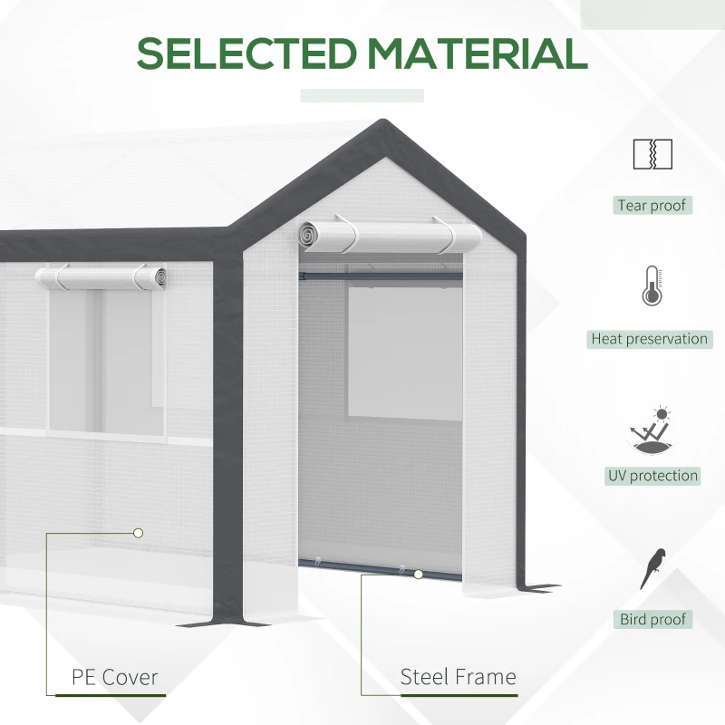 Outsunny 10' x 7' x 7' Greenhouse, Walk-in Outdoor Tunnel Green House with PE Cover, Steel Frame, 2 Roll-Up Zipper Doors & 4 Windows for Flowers, Vegetables, Tropical Plants, White