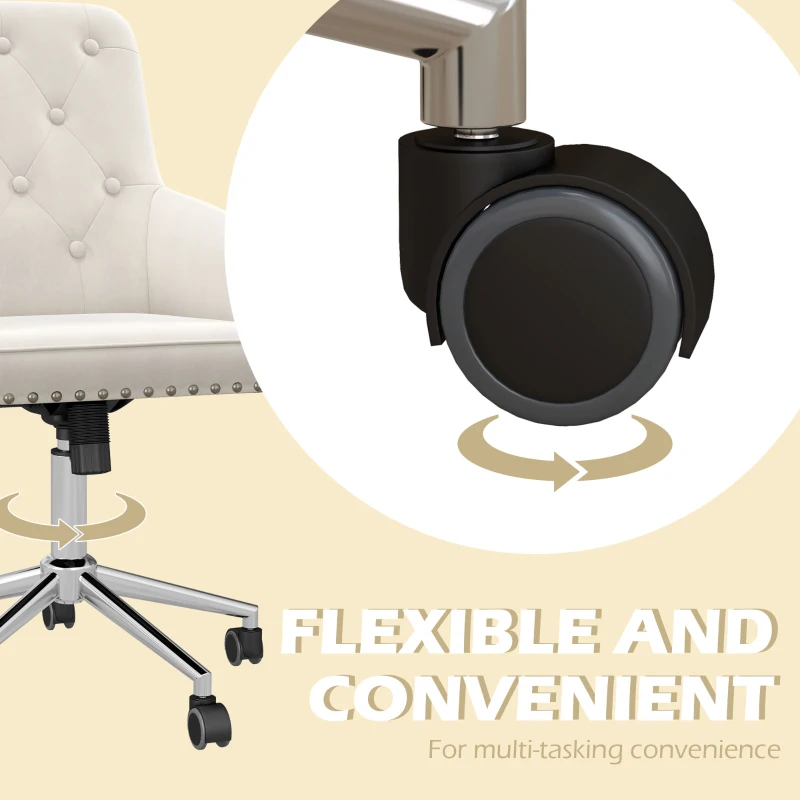 HOMCOM Modern Mid-back Desk Chair with Button Tufted Velvet Back, Nailhead Trim, Swivel Home Office Chair with Adjustable Height, Curved Padded Armrests, White