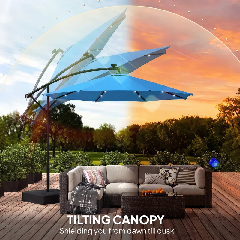 Outsunny 10 ft Cantilever Patio Umbrella with Light, Weight, Offset Hanging Outdoor Umbrella with Protective Cover, Lake Blue