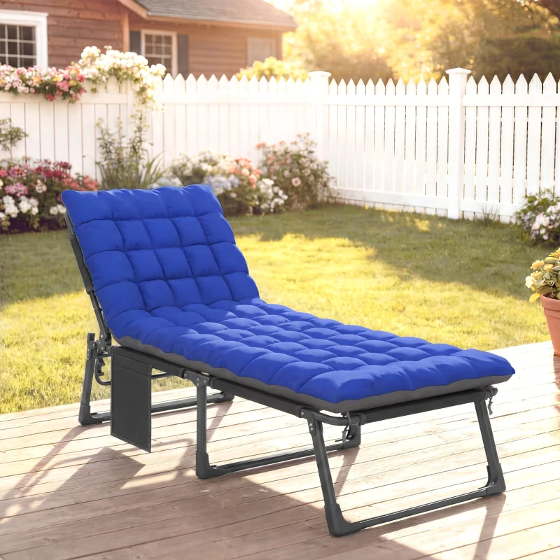 Outsunny Folding Chaise Lounge Chair Outdoor Tanning Chair with 5-Position Backrest, Cushion, Side Pocket, Gray/Blue