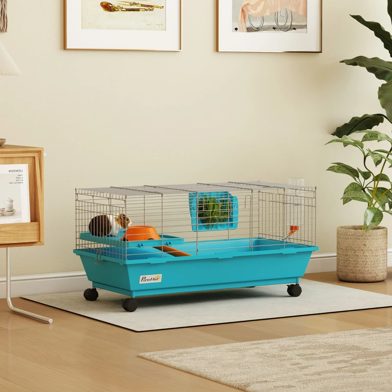 PawHut 35"L Small Animal Cage, Rolling Bunny Cage, Guinea Pig Cage with Wheels, Food Dish, Water Bottle, Hay Feeder, Blue