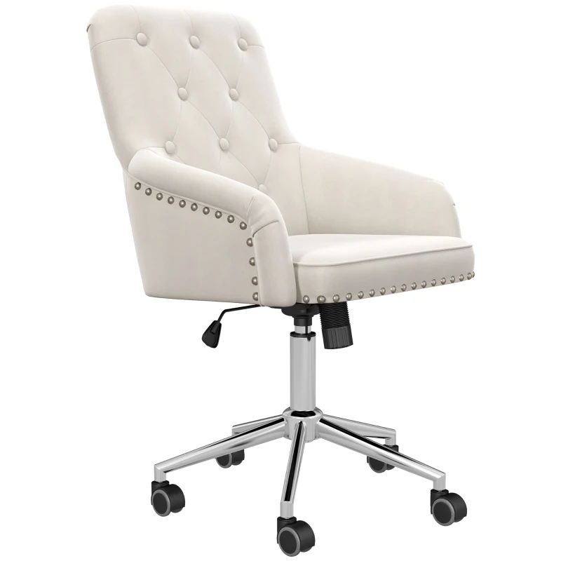 HOMCOM Modern Mid-back Desk Chair with Button Tufted Velvet Back, Nailhead Trim, Swivel Home Office Chair with Adjustable Height, Curved Padded Armrests, White